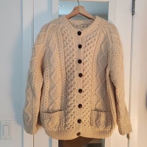 Vintage 70s Streetwear Womens Large Chunky Wool Knit Fisherman Cardigan Sweater